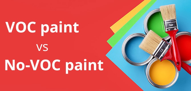 Four colorful paint cans and VOS paint vs Np-VOC paint headline on red background